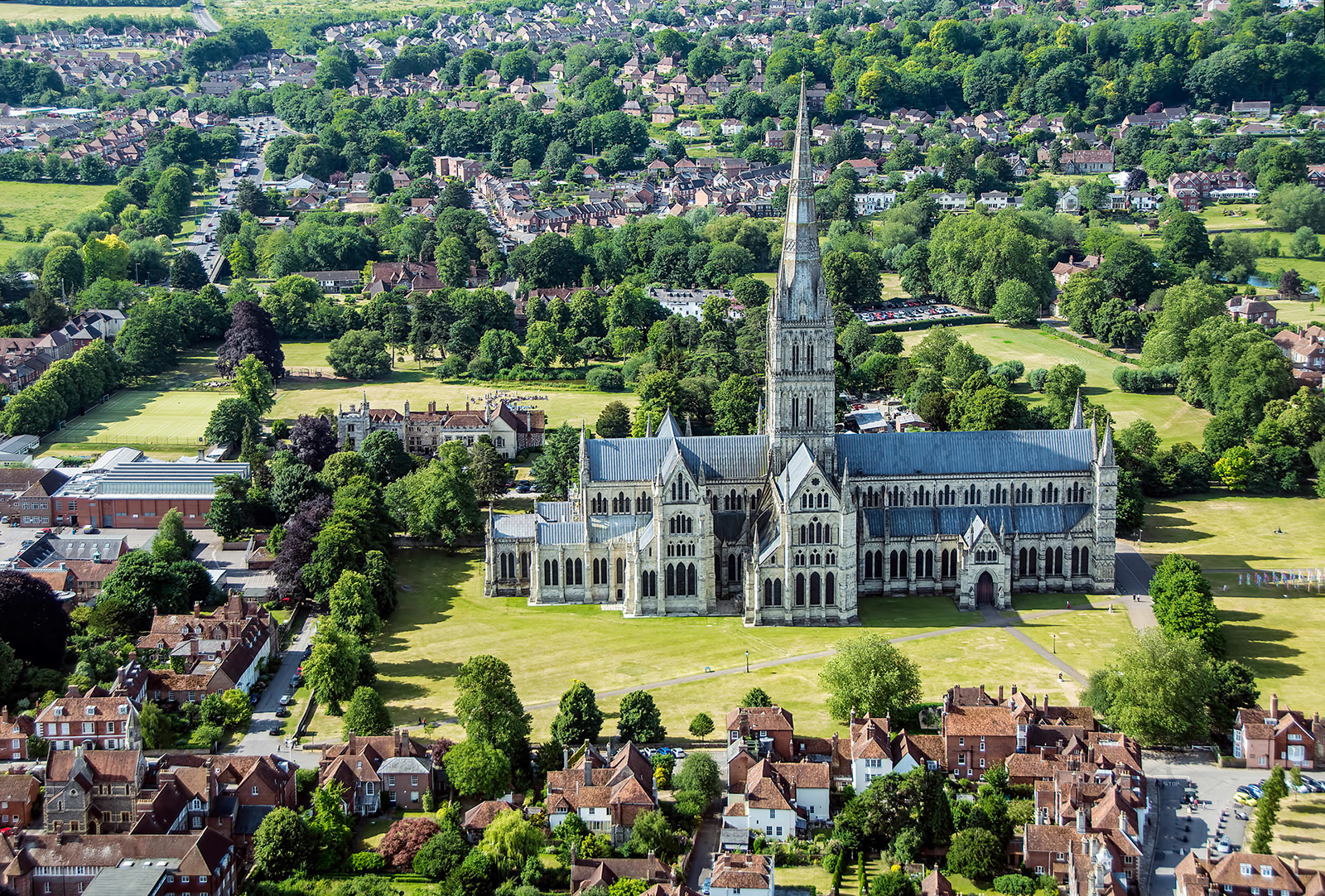 Salisbury Cathedral drone shot showing largest spire in Britain and biggest Cathedral Close.
