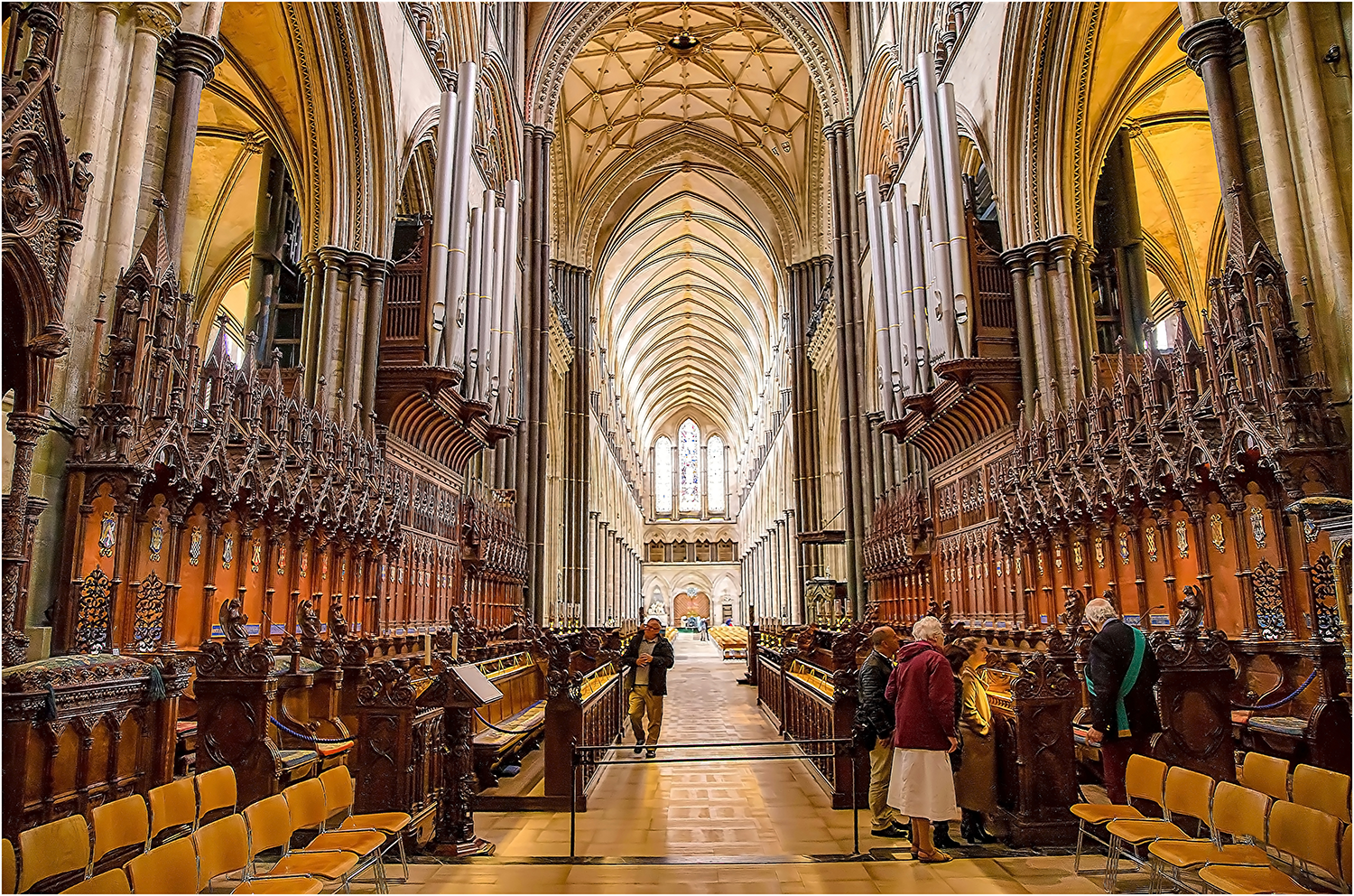 Interior photo of the choir stalls at Salisbury Cathedral