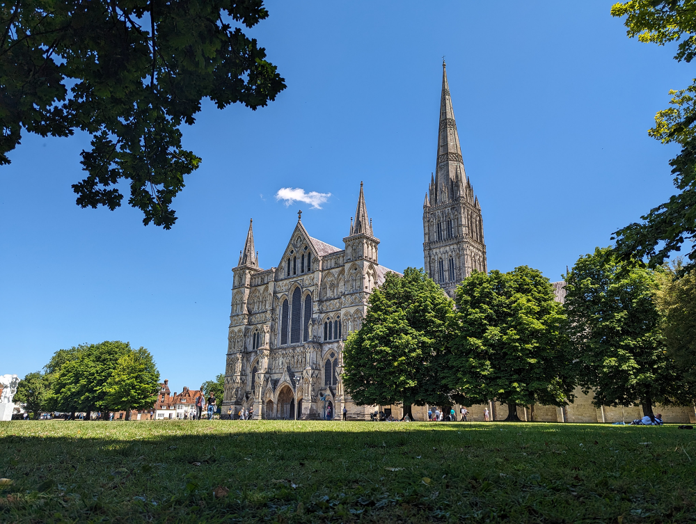 Exterior view of Salisbury Cathedral on a sunny day