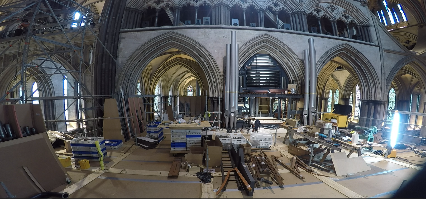 View of the organ pipes being removed for restoration.