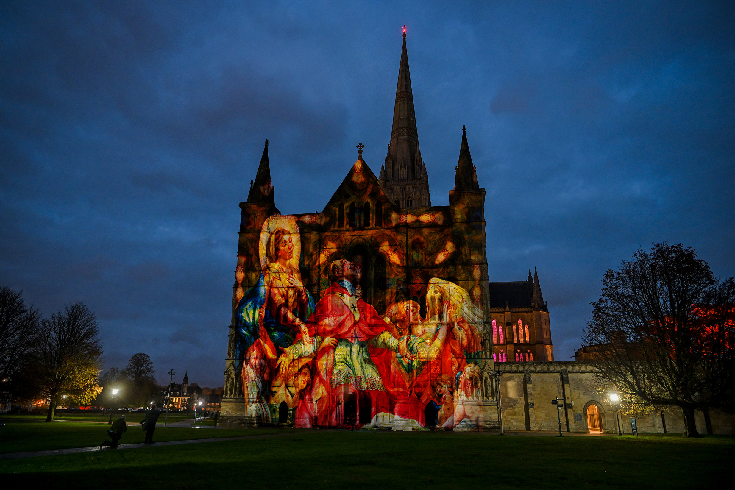Colourful images projected on the outside facade of Salisbury Cathedral