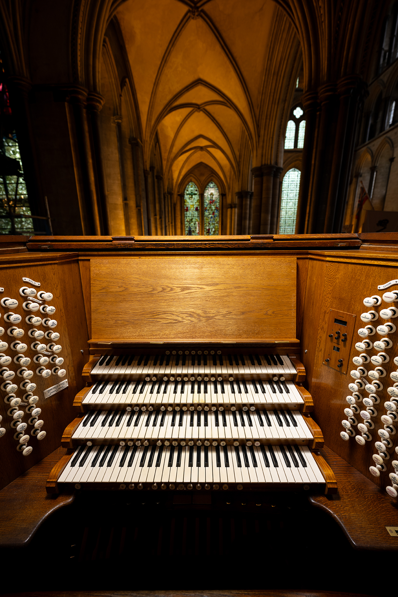An organ console inside Salisbury Cathedral