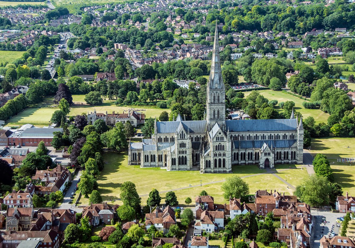 Salisbury Cathedral drone shot showing largest spire in Britain and biggest Cathedral Close.