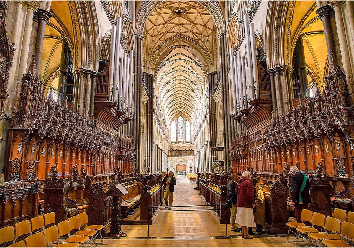 Interior photo of the choir stalls at Salisbury Cathedral