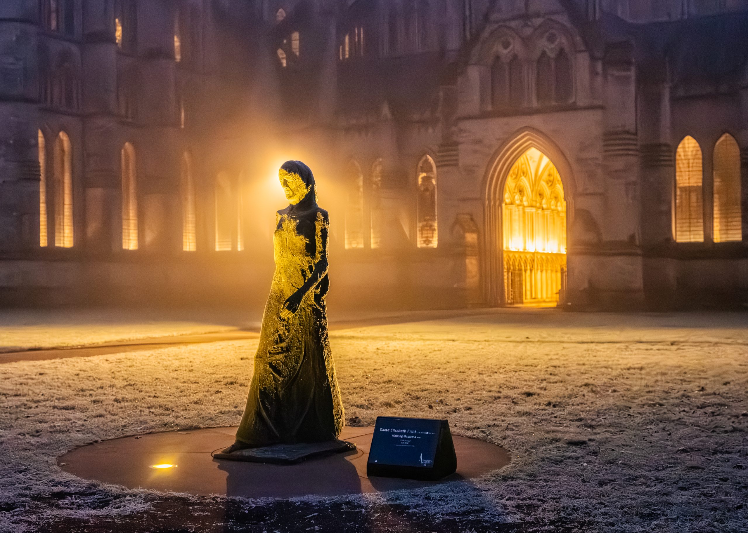Statue of walking madonna in the mists outside Salisbury Cathedral