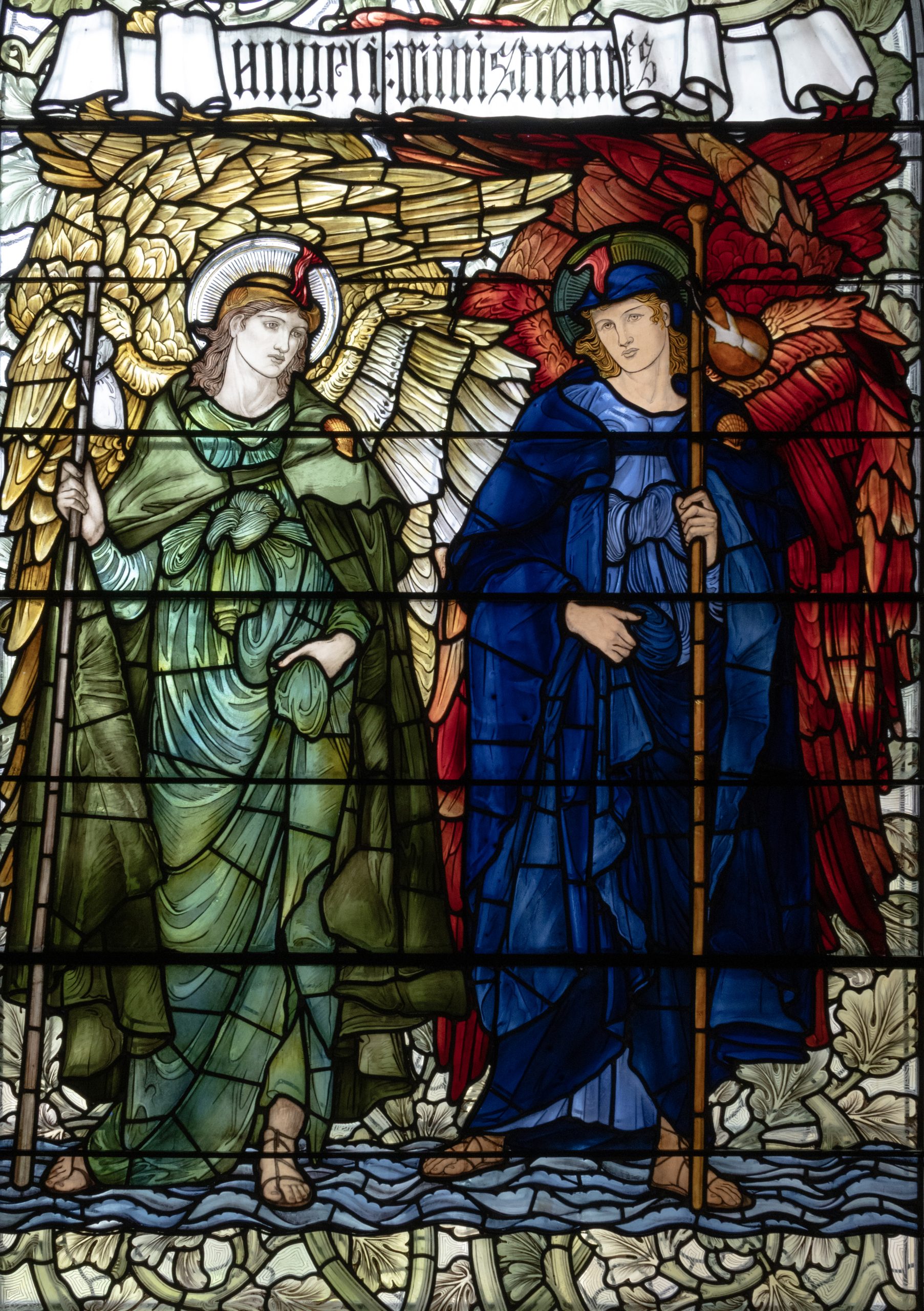 Detailed view of the Burne Jones window, showing two of the four angels