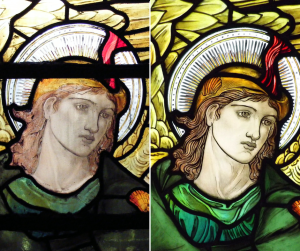 Detailed view of a ministering angel, before and after the restoration work.