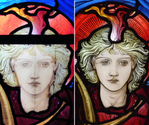 Detailed view of a praising angel, before and after the restoration work.