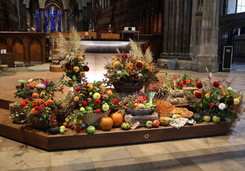 Fruit and flowers arranged beautifully around the altar in the Spire crossing of the Cathedral.